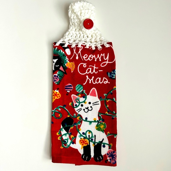 Hand Crafted Crochet Top Hanging Kitchen or Bathroom Hand Towel Christmas Cats - Picture 3 of 7